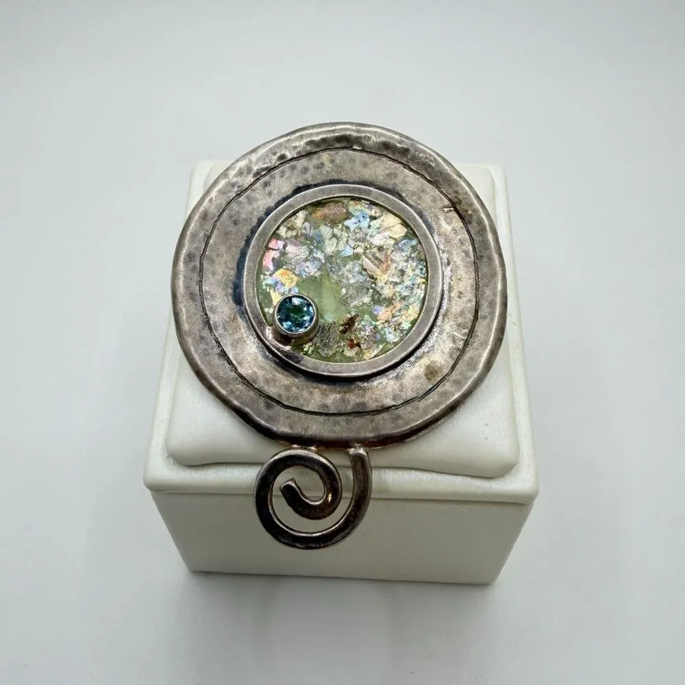 Amazing, Israel made sterling silver Roman Glass, Blue Topaz Pin/Brooch/Pendant!